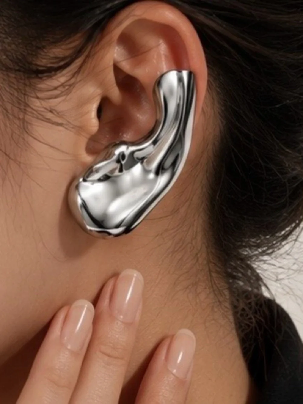 Silver-Tone Sculptural Ear Cuff | Modern Statement Earring | Minimalist Chunky